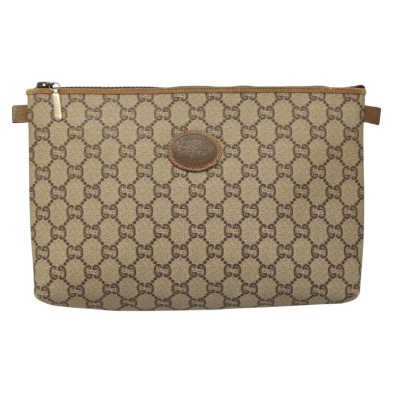 GUCCI GG Plus Supreme Clutch Bag PVC Leather Beige Gold Auth bs24854