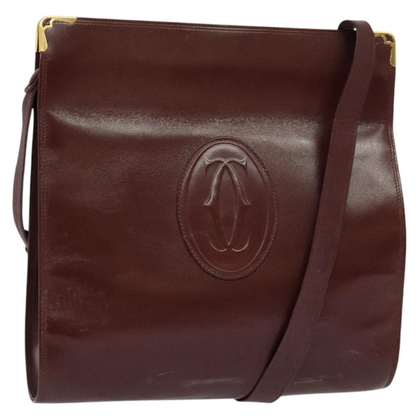 CARTIER Must Line Shoulder Bag Leather Bordeaux Gold Auth bs24866