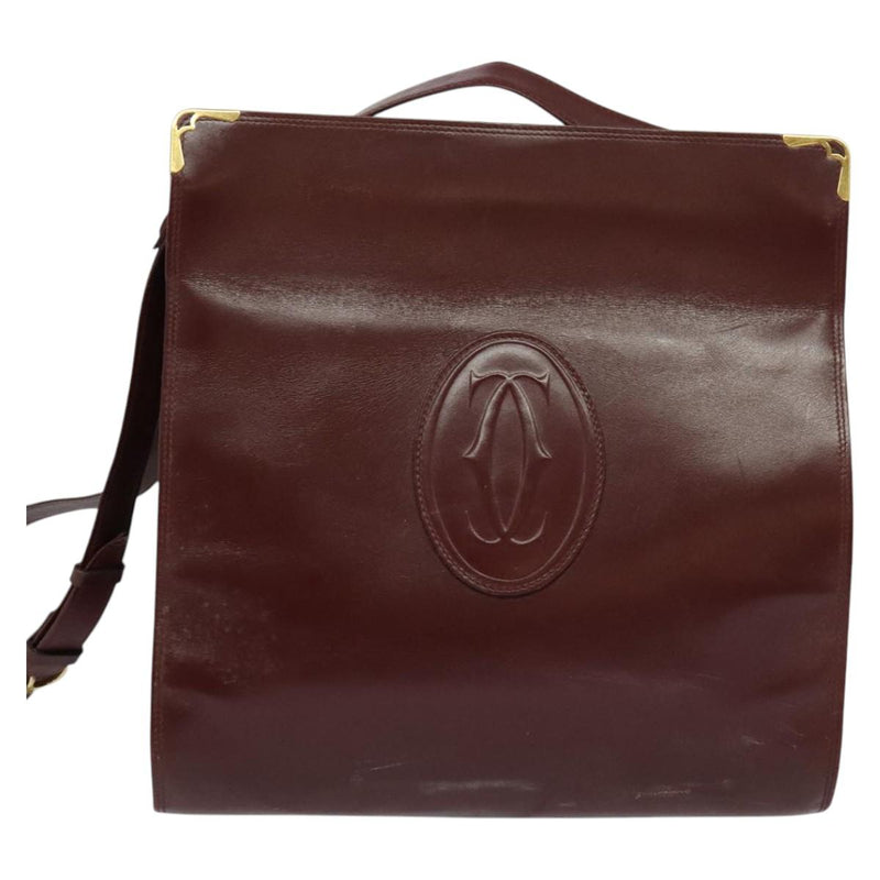 CARTIER Must Line Shoulder Bag Leather Bordeaux Gold Auth bs24866