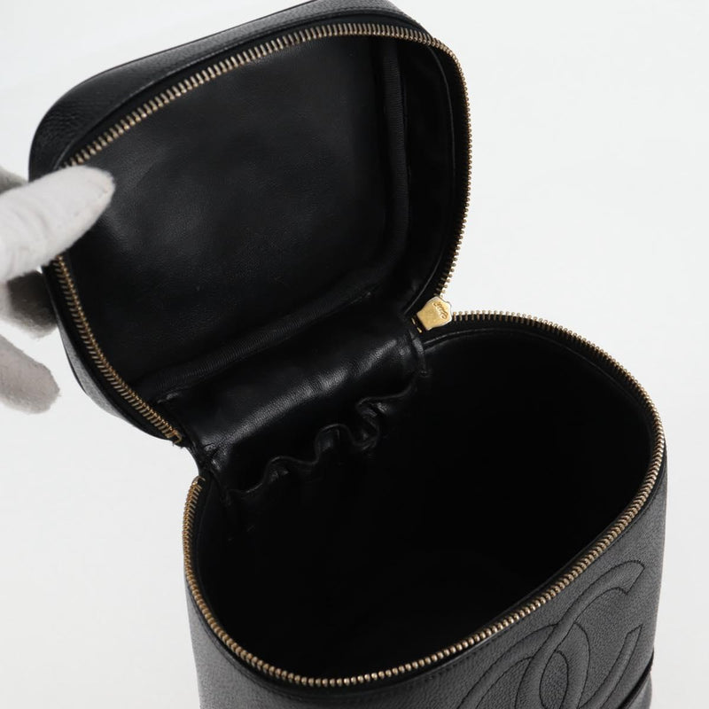 CHANEL Vanity Pouch Caviar Skin Black Gold CC Auth bs24921