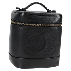 CHANEL Vanity Pouch Caviar Skin Black Gold CC Auth bs24921