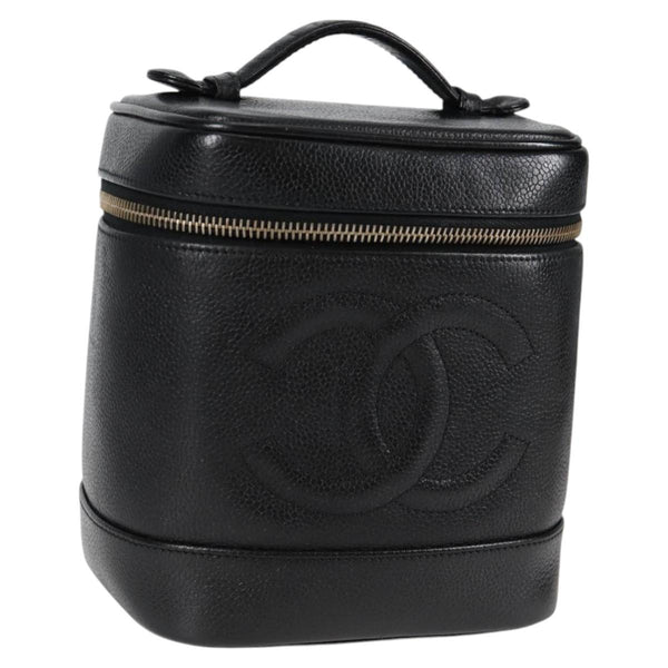 CHANEL Vanity Pouch Caviar Skin Black Gold CC Auth bs24921