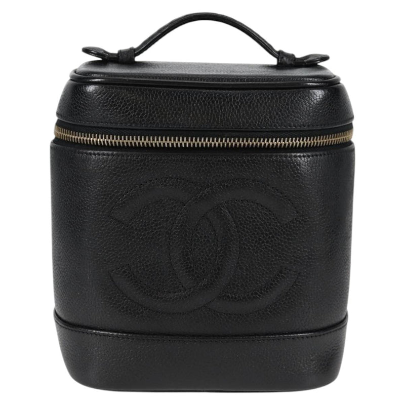 CHANEL Vanity Pouch Caviar Skin Black Gold CC Auth bs24921