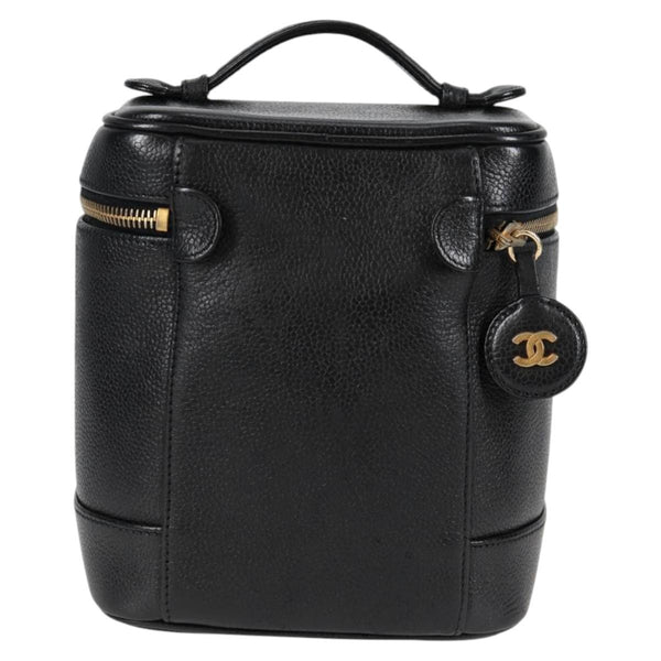 CHANEL Vanity Pouch Caviar Skin Black Gold CC Auth bs24921