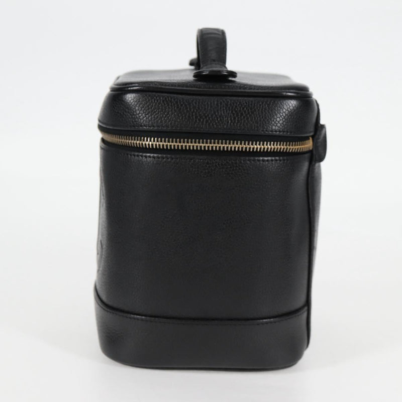 CHANEL Vanity Pouch Caviar Skin Black Gold CC Auth bs24921