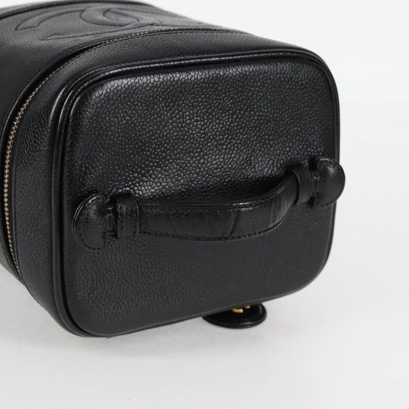 CHANEL Vanity Pouch Caviar Skin Black Gold CC Auth bs24921