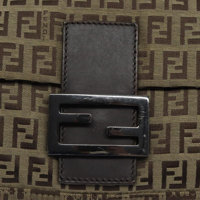 FENDI Zucchino Canvas Mamma Baguette Shoulder Bag Beige Silver Auth bs24941