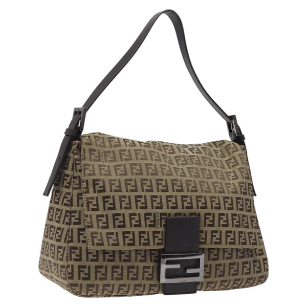 FENDI Zucchino Canvas Mamma Baguette Shoulder Bag Beige Silver Auth bs24941