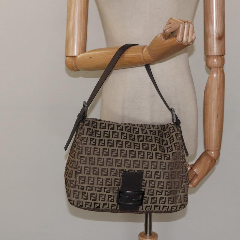 FENDI Zucchino Canvas Mamma Baguette Shoulder Bag Beige Silver Auth bs24941