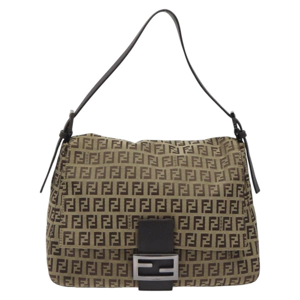 FENDI Zucchino Canvas Mamma Baguette Shoulder Bag Beige Silver Auth bs24941