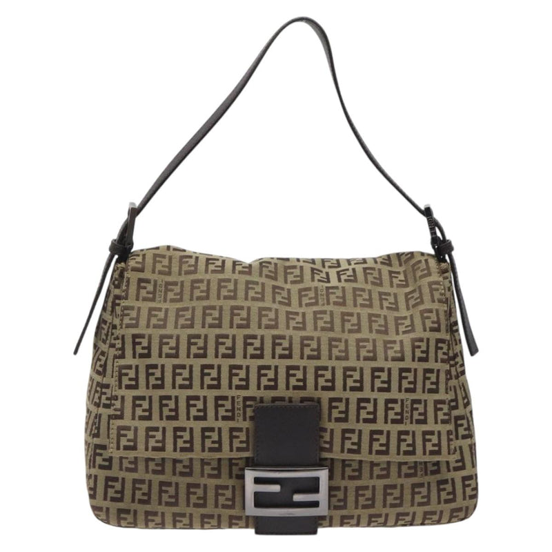 FENDI Zucchino Canvas Mamma Baguette Shoulder Bag Beige Silver Auth bs24941