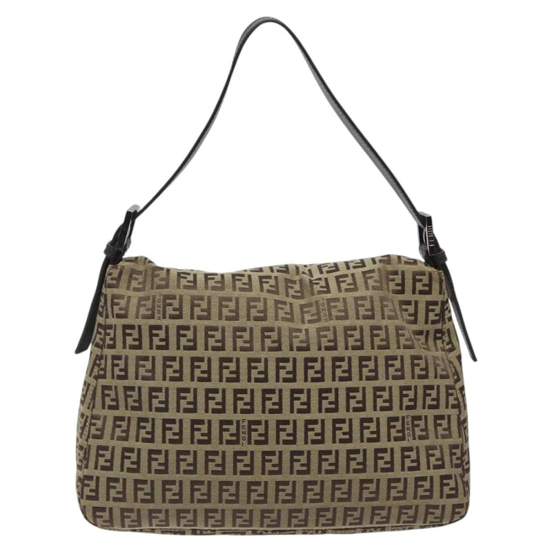 FENDI Zucchino Canvas Mamma Baguette Shoulder Bag Beige Silver Auth bs24941