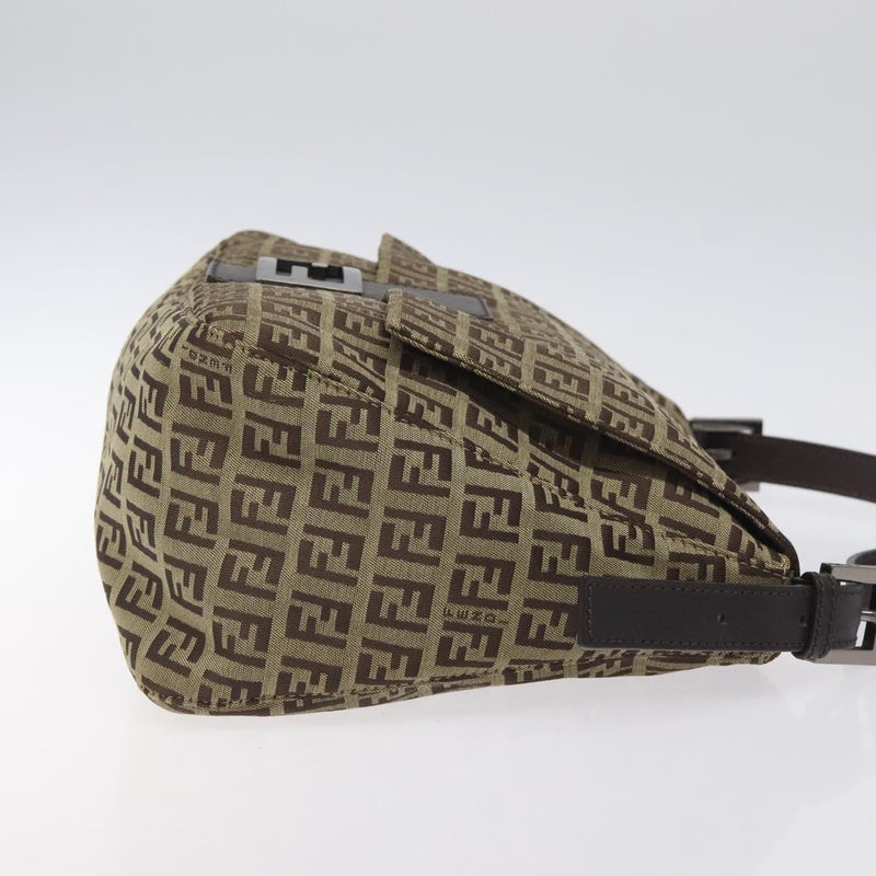 FENDI Zucchino Canvas Mamma Baguette Shoulder Bag Beige Silver Auth bs24941