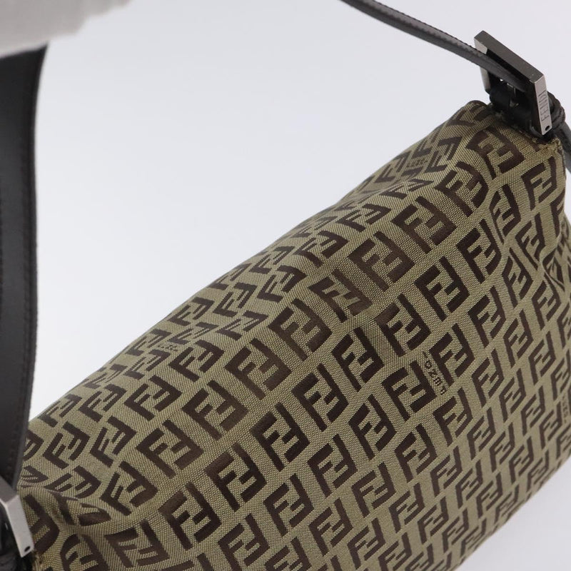 FENDI Zucchino Canvas Mamma Baguette Shoulder Bag Beige Silver Auth bs24941