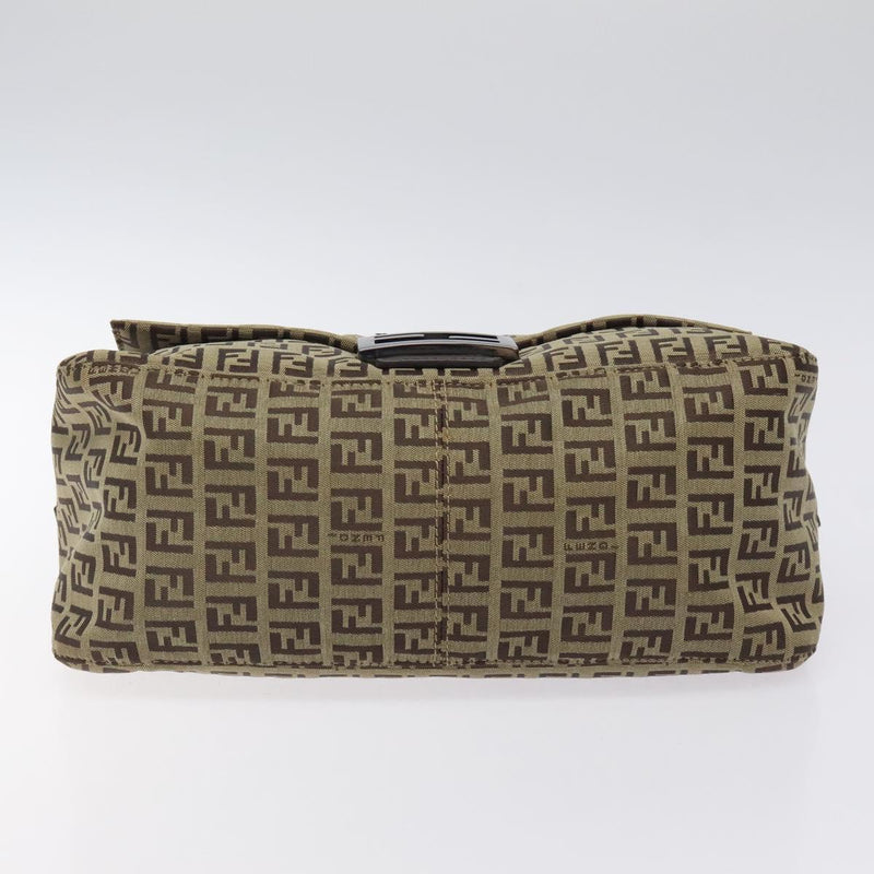 FENDI Zucchino Canvas Mamma Baguette Shoulder Bag Beige Silver Auth bs24941