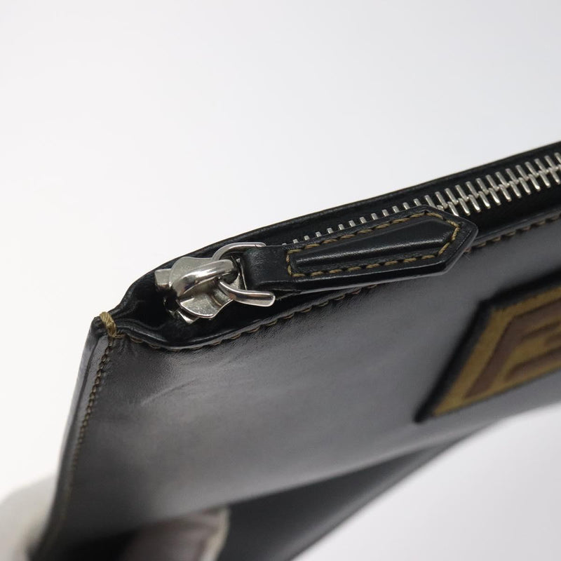 FENDI Clutch Bag Leather Black Silver Auth bs24966