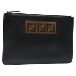 FENDI Clutch Bag Leather Black Silver Auth bs24966