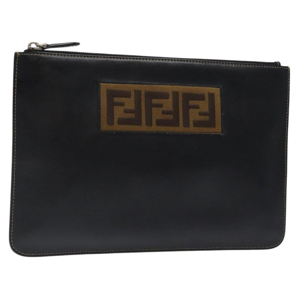 FENDI Clutch Bag Leather Black Silver Auth bs24966