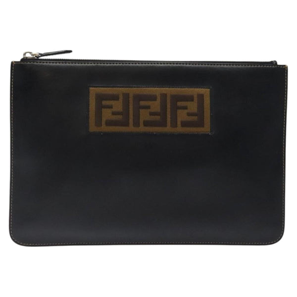 FENDI Clutch Bag Leather Black Silver Auth bs24966