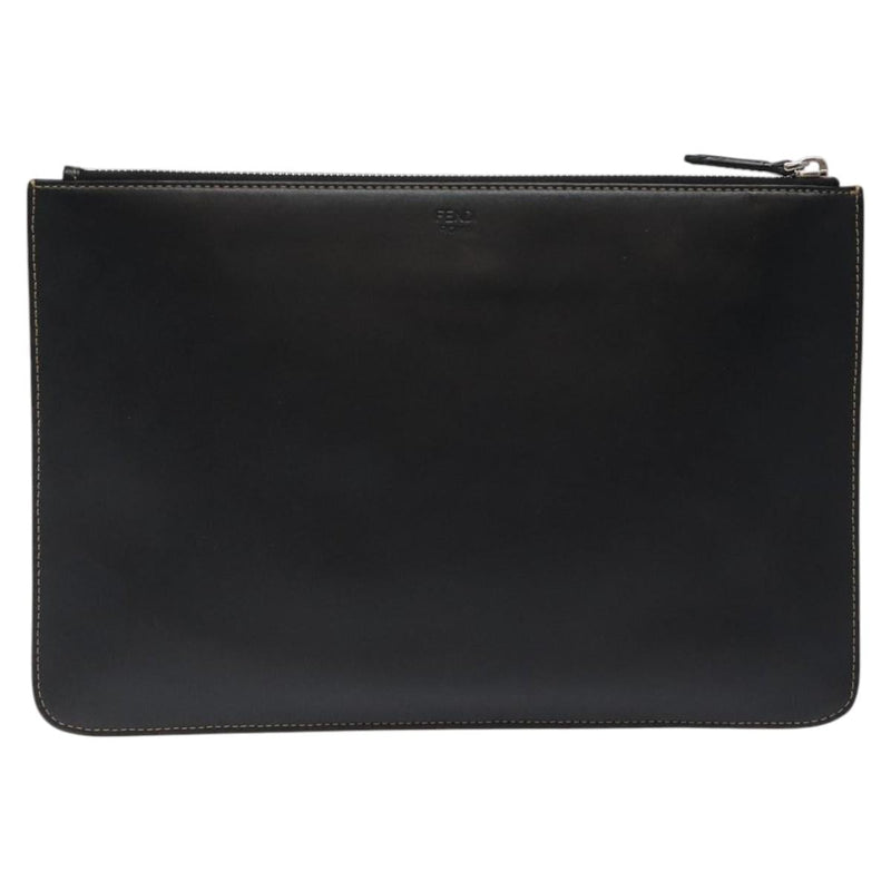 FENDI Clutch Bag Leather Black Silver Auth bs24966