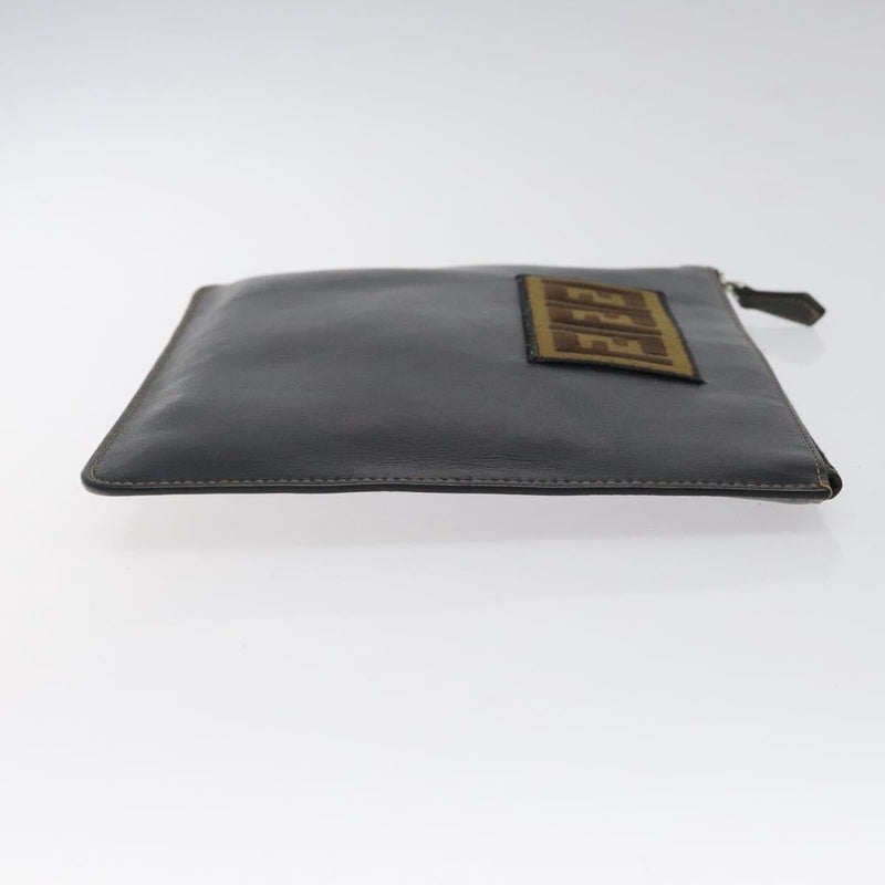 FENDI Clutch Bag Leather Black Silver Auth bs24966