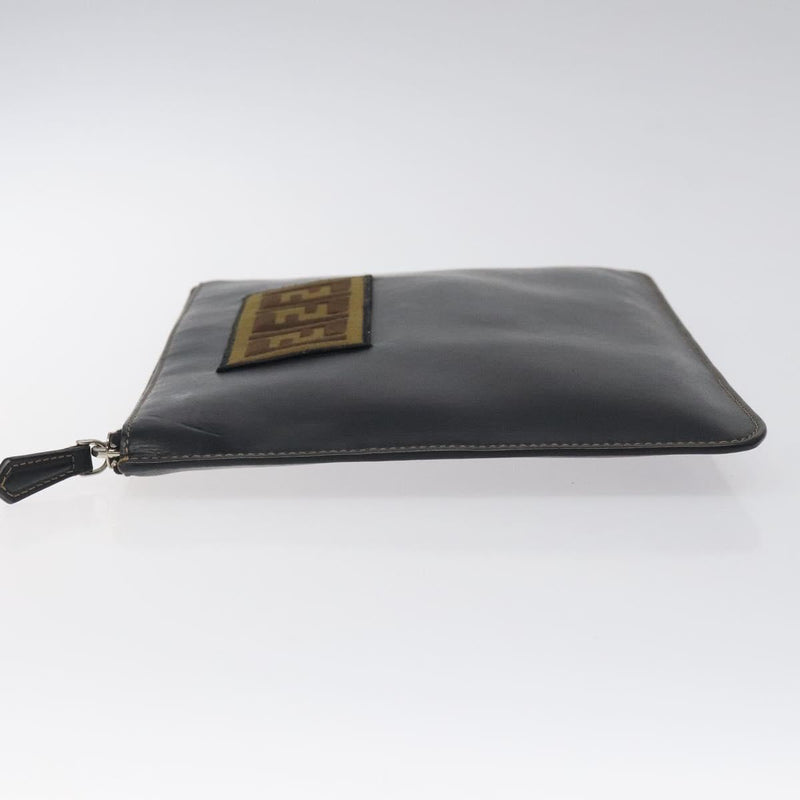 FENDI Clutch Bag Leather Black Silver Auth bs24966