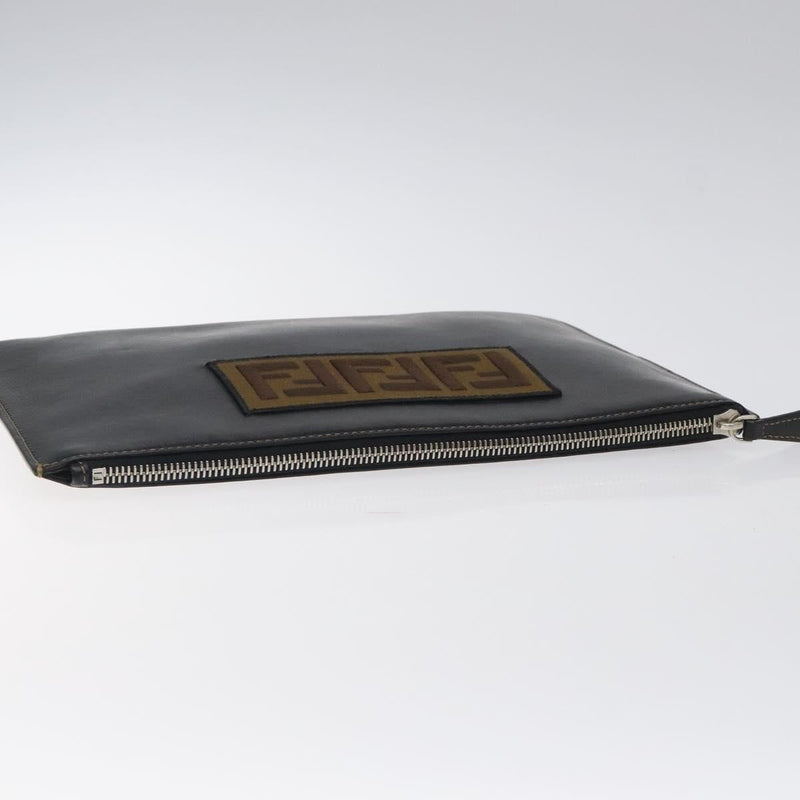 FENDI Clutch Bag Leather Black Silver Auth bs24966
