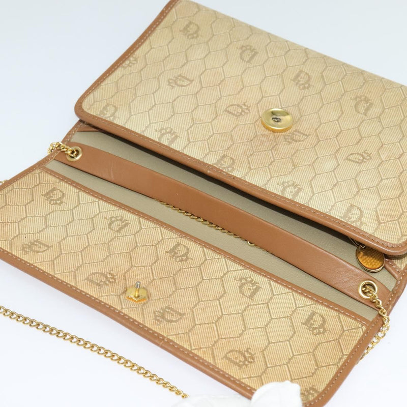 Christian Dior Honeycomb Canvas Chain Shoulder Bag Beige Gold Auth bs25041