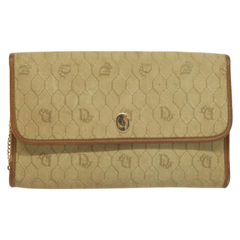 Christian Dior Honeycomb Canvas Chain Shoulder Bag Beige Gold Auth bs25041