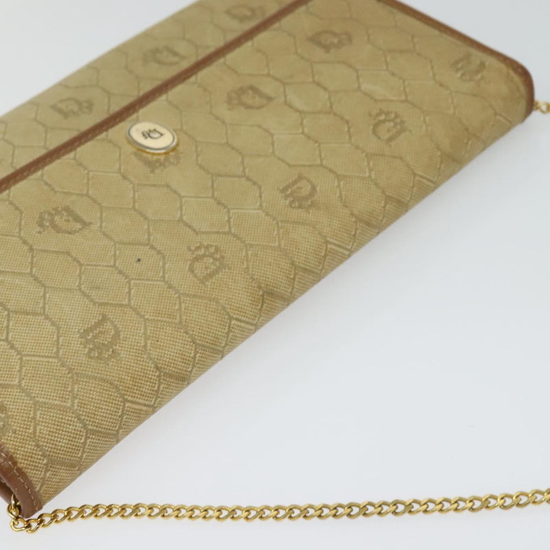 Christian Dior Honeycomb Canvas Chain Shoulder Bag Beige Gold Auth bs25041