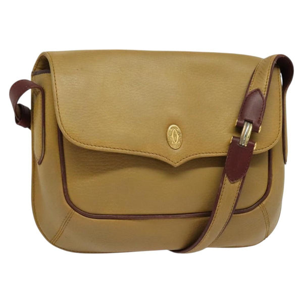 CARTIER Shoulder Bag Leather Beige Gold Auth bs25047