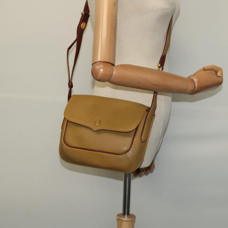 CARTIER Shoulder Bag Leather Beige Gold Auth bs25047
