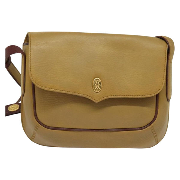 CARTIER Shoulder Bag Leather Beige Gold Auth bs25047
