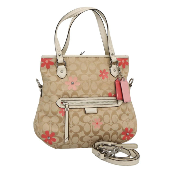 Coach Signature Hand Bag Canvas 2way Beige Silver Auth bs25064