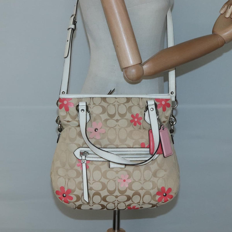 Coach Signature Hand Bag Canvas 2way Beige Silver Auth bs25064