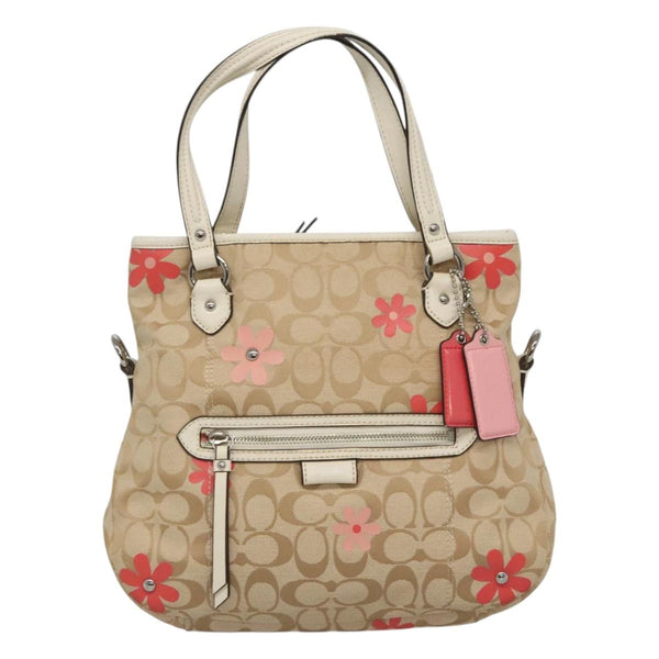 Coach Signature Hand Bag Canvas 2way Beige Silver Auth bs25064