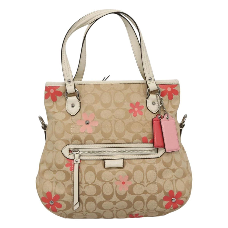 Coach Signature Hand Bag Canvas 2way Beige Silver Auth bs25064