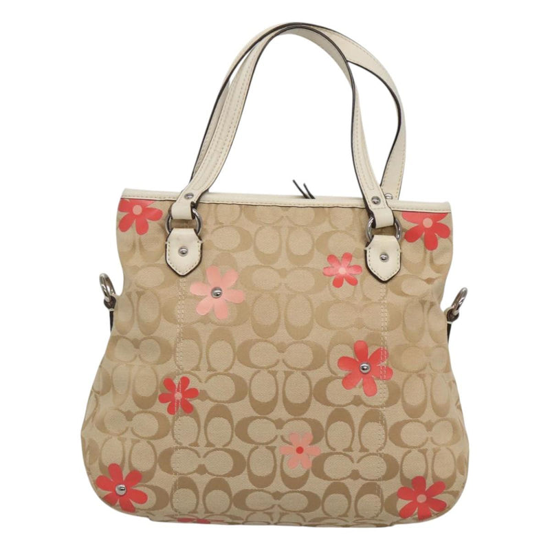 Coach Signature Hand Bag Canvas 2way Beige Silver Auth bs25064