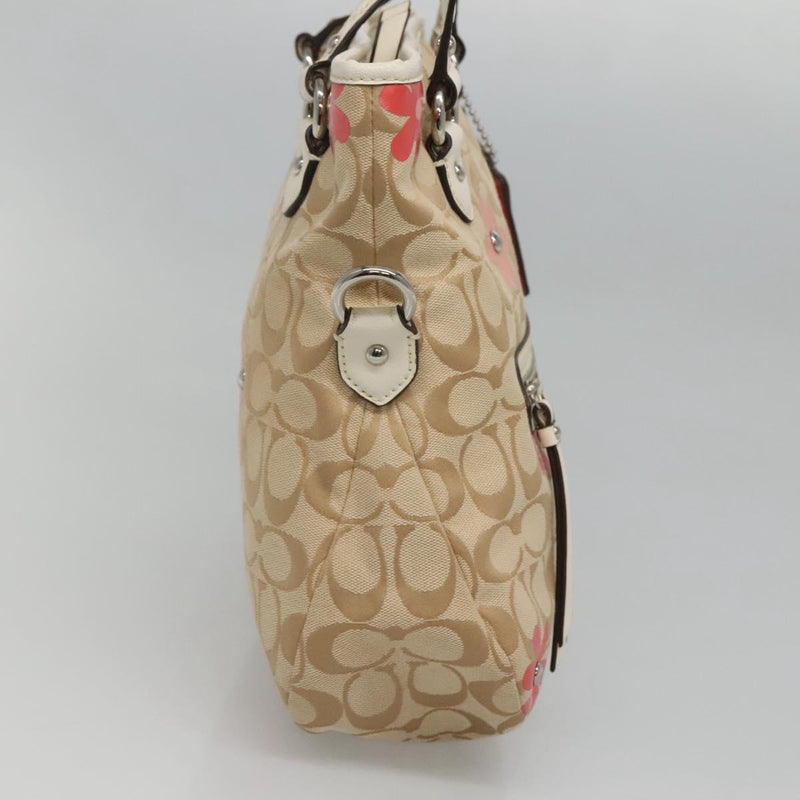 Coach Signature Hand Bag Canvas 2way Beige Silver Auth bs25064