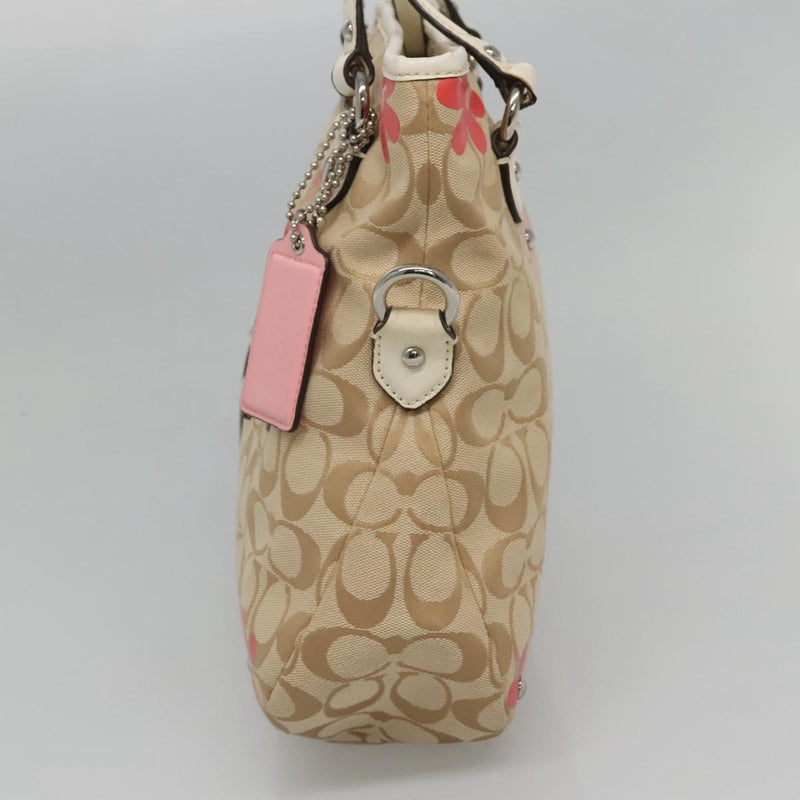 Coach Signature Hand Bag Canvas 2way Beige Silver Auth bs25064