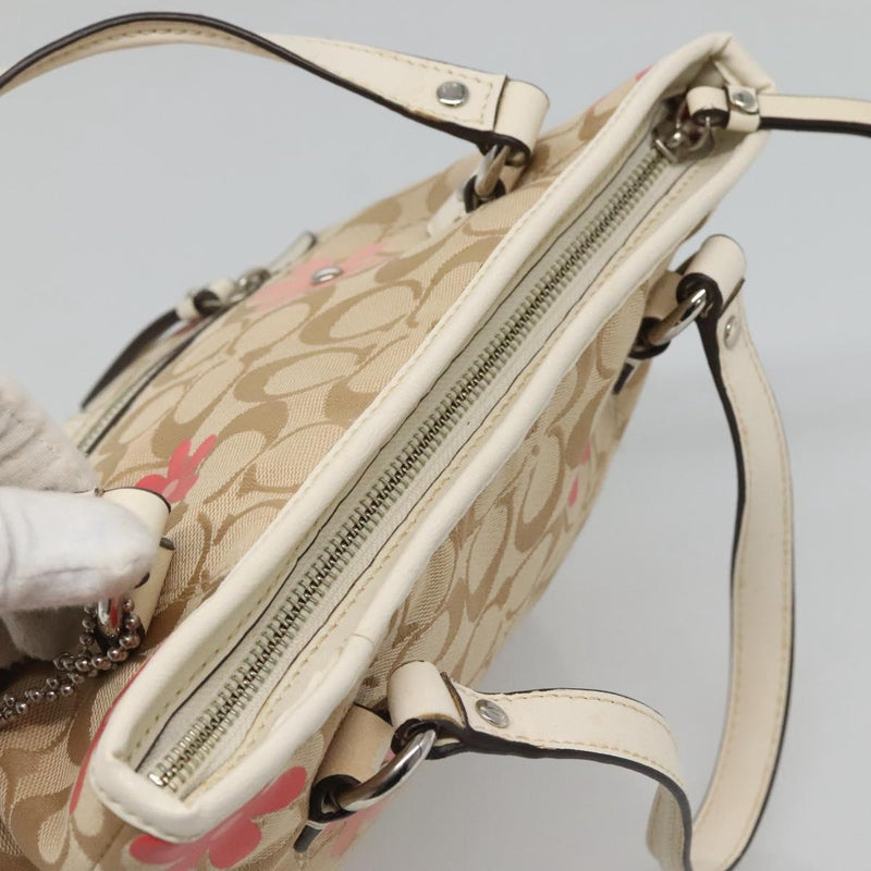Coach Signature Hand Bag Canvas 2way Beige Silver Auth bs25064