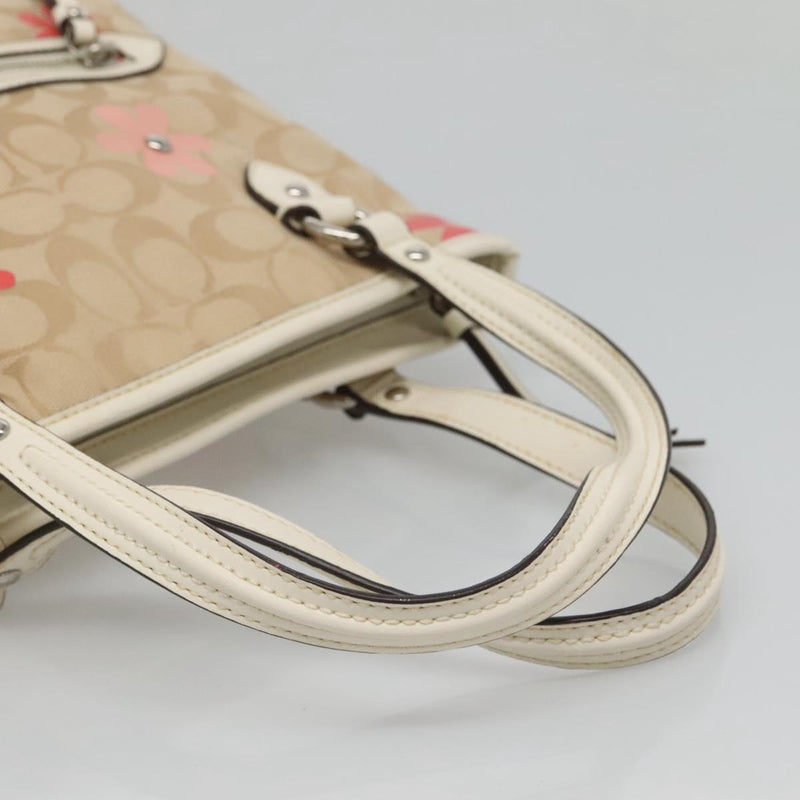 Coach Signature Hand Bag Canvas 2way Beige Silver Auth bs25064