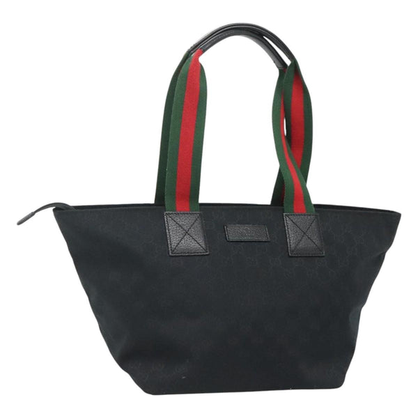 GUCCI GG Canvas Web Sherry Line Tote Bag Black Silver Red 131230 Auth ep8652