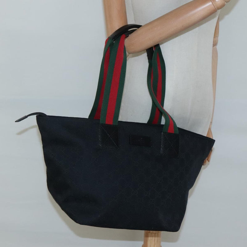 GUCCI GG Canvas Web Sherry Line Tote Bag Black Silver Red 131230 Auth ep8652