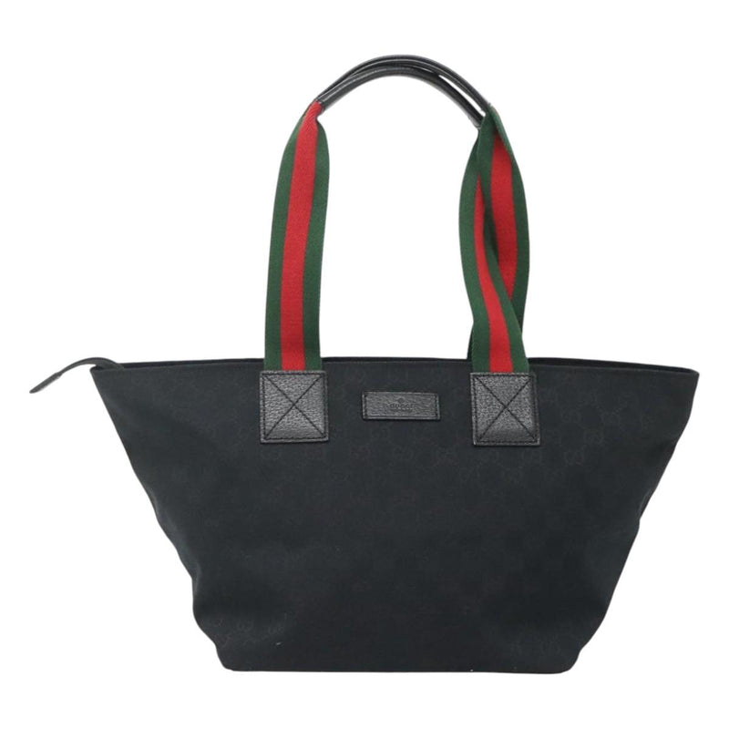 GUCCI GG Canvas Web Sherry Line Tote Bag Black Silver Red 131230 Auth ep8652