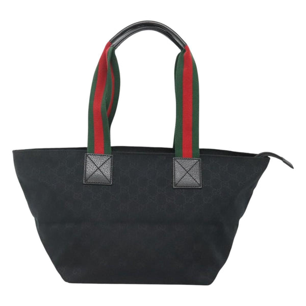 GUCCI GG Canvas Web Sherry Line Tote Bag Black Silver Red 131230 Auth ep8652