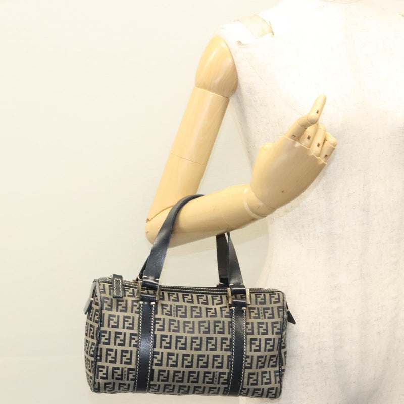 FENDI Zucchino Canvas Hand Bag Navy Silver Auth ep8665