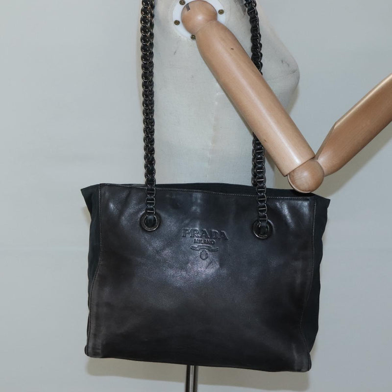 PRADA Chain Shoulder Bag Leather Black Auth ep8669