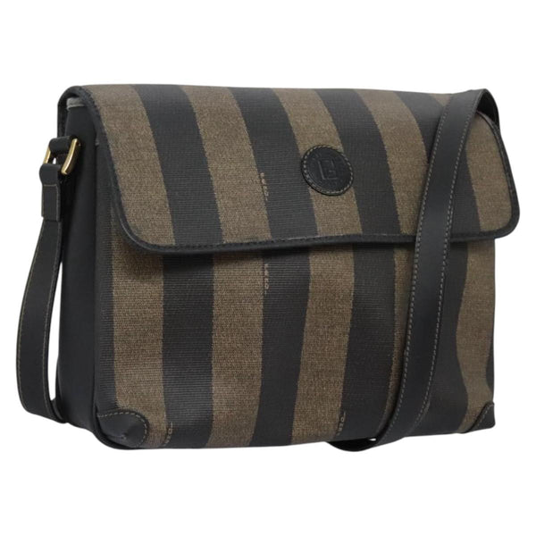 FENDI Pecan Canvas Shoulder Bag Brown Black Auth ep8726