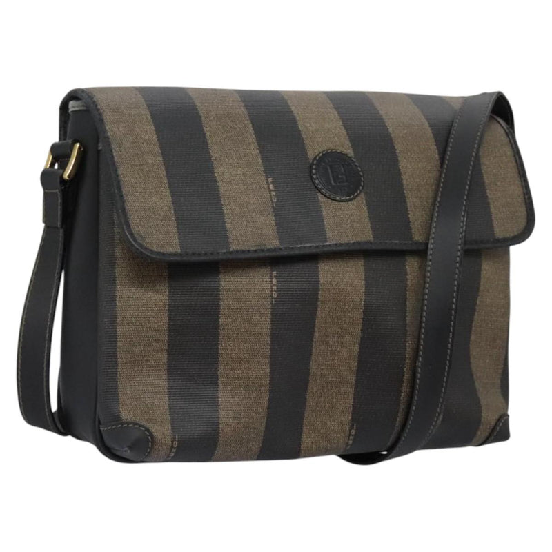 FENDI Pecan Canvas Shoulder Bag Brown Black Auth ep8726